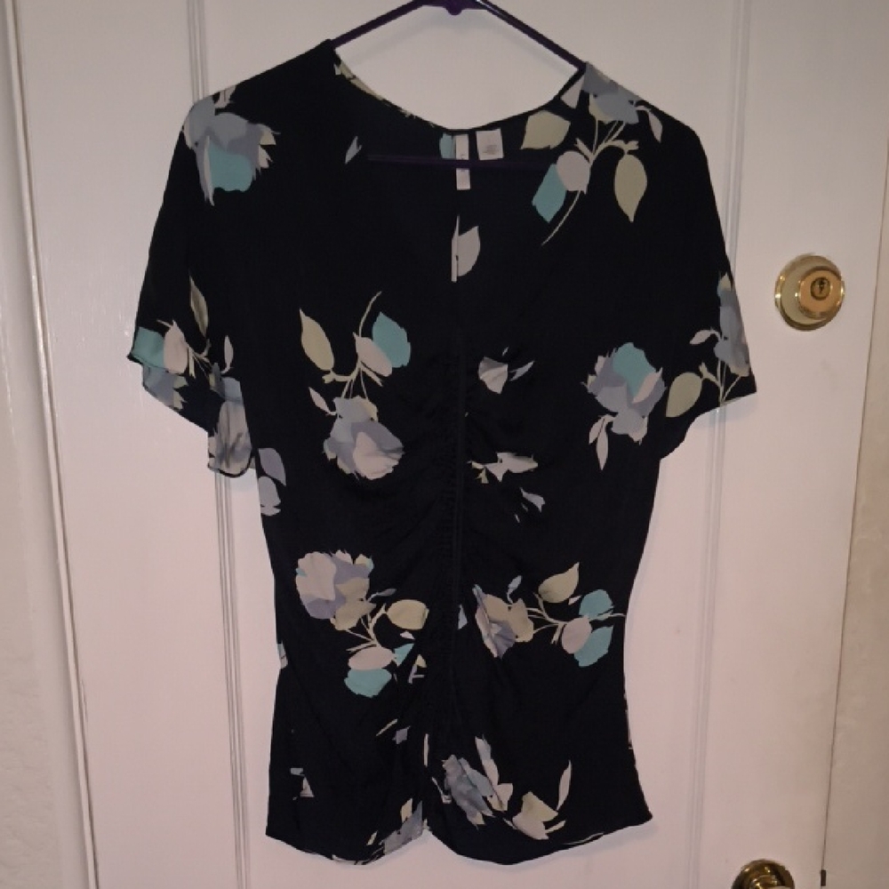 Lewit | 92% Silk Black Blouse with Blue and Cream Floral Design